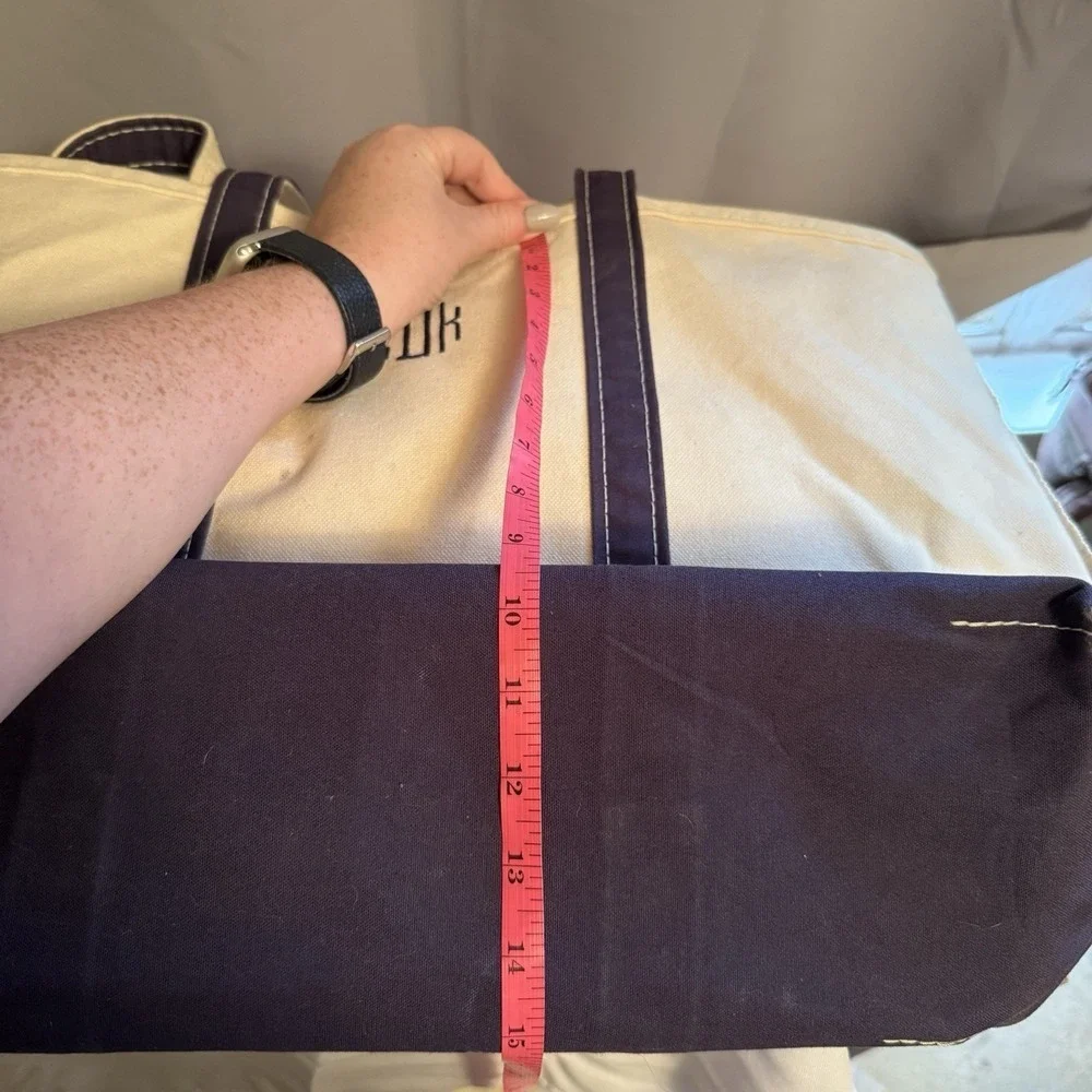 LL Bean Boat Tote Bag USA Canvas Navy Blue Open Top Embroidered Large LDK